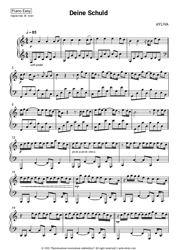 Deine Schuld - AYLIVA Piano Sheet Music Easy - Piano.Easy
