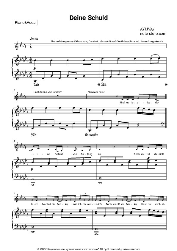 Deine Schuld - AYLIVA Piano Sheet Music with the Voice part - Piano&Vocal