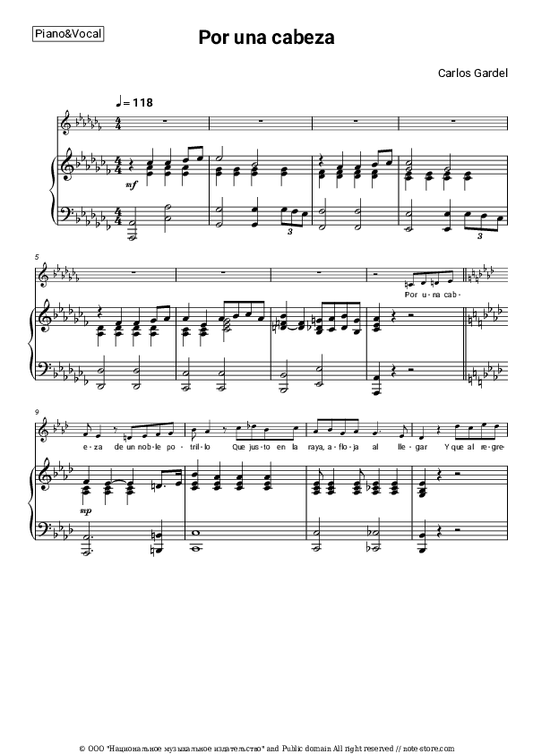 Por una cabeza - Carlos Gardel Piano Sheet Music with the Voice part - Piano&Vocal