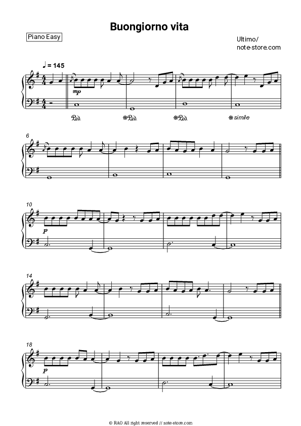 Buongiorno vita - Ultimo Piano Sheet Music Easy - Piano.Easy