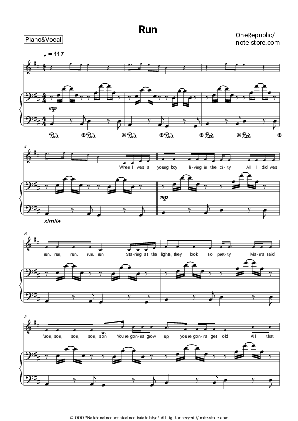 Run - OneRepublic Piano Sheet Music with the Voice part - Piano&Vocal