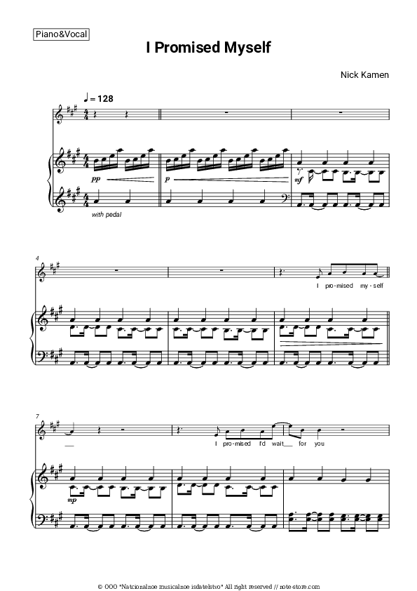 I Promised Myself - Nick Kamen Piano Sheet Music with the Voice part - Piano&Vocal