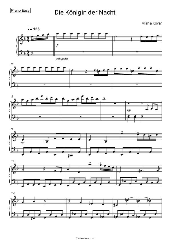 Die Königin der Nacht - Misha Kovar, Wolfgang Amadeus Mozart Piano Sheet Music Easy - Piano.Easy