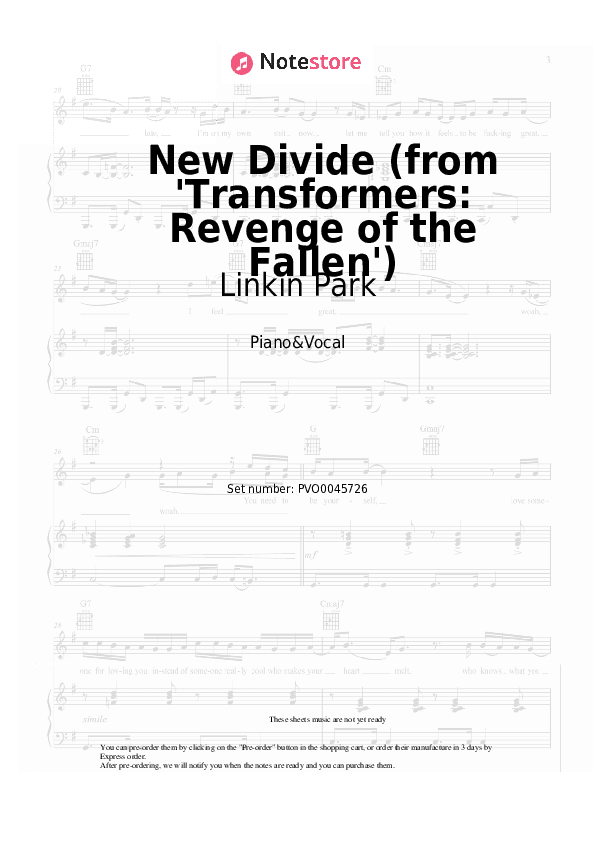 New Divide (from 'Transformers: Revenge of the Fallen') - Linkin Park Piano Sheet Music with the Voice part - Piano&Vocal