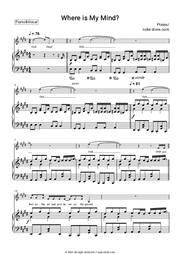 Where Is My Mind? (from 'Fight Club') - Pixies Piano Sheet Music with the Voice part - Piano&Vocal