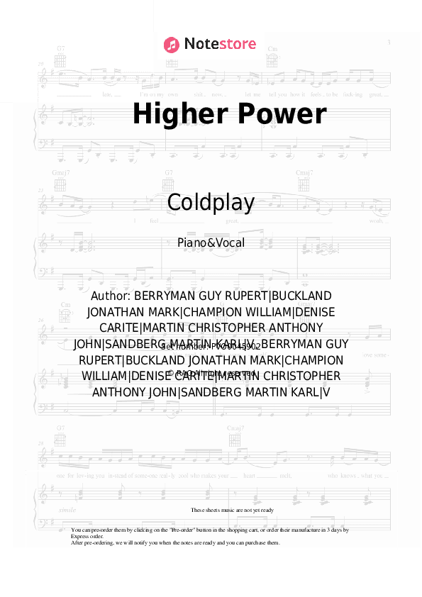 Higher Power - Coldplay Piano Sheet Music with the Voice part - Piano&Vocal