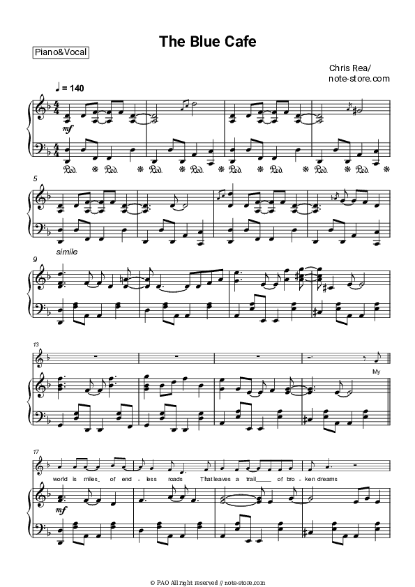 The Blue Cafe - Chris Rea Piano Sheet Music with the Voice part - Piano&Vocal