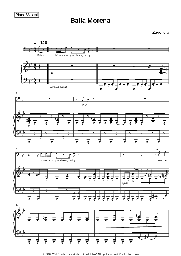 Baila Morena - Zucchero Piano Sheet Music with the Voice part - Piano&Vocal