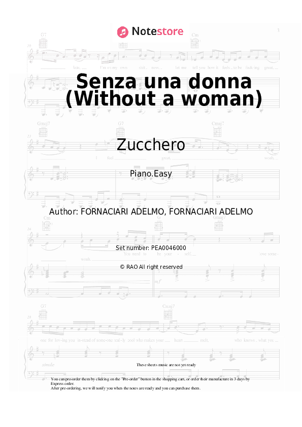 Senza una donna - Zucchero Piano Sheet Music Easy - Piano.Easy