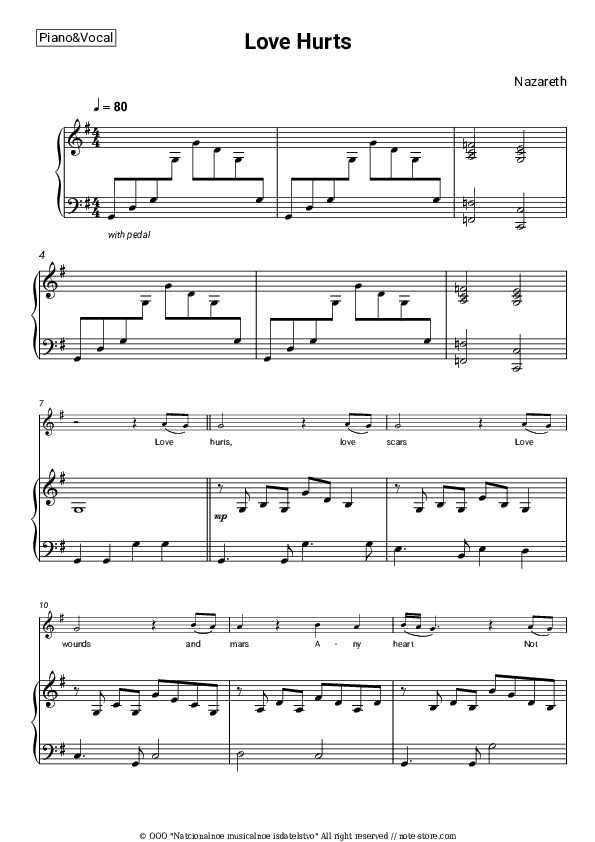 Love Hurts - Nazareth Piano Sheet Music with the Voice part - Piano&Vocal