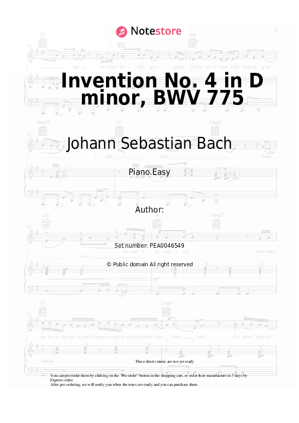 Invention No. 4 in D minor, BWV 775 - Johann Sebastian Bach Piano Sheet Music Easy - Piano.Easy
