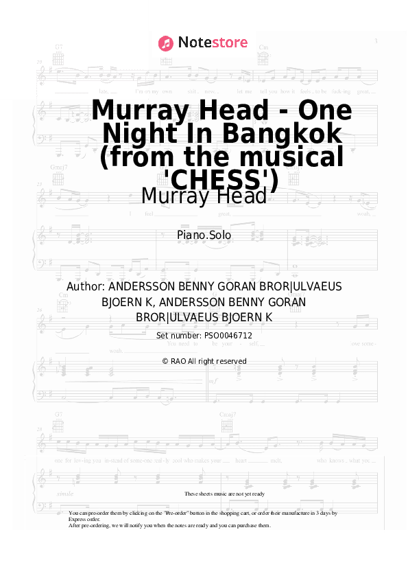 Murray Head - One Night In Bangkok (from the musical 'CHESS') - Murray Head Piano Sheet Music - Piano.Solo