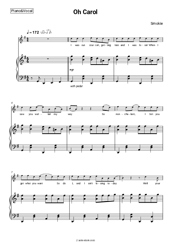 Oh Carol - Smokie Piano Sheet Music with the Voice part - Piano&Vocal