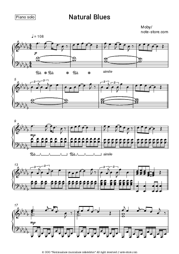 Natural Blues - Moby Piano Sheet Music - Piano.Solo