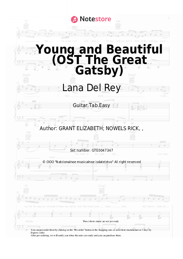 Young and Beautiful (OST The Great Gatsby) - Lana Del Rey Tabs Easy - Guitar.Tab.Easy