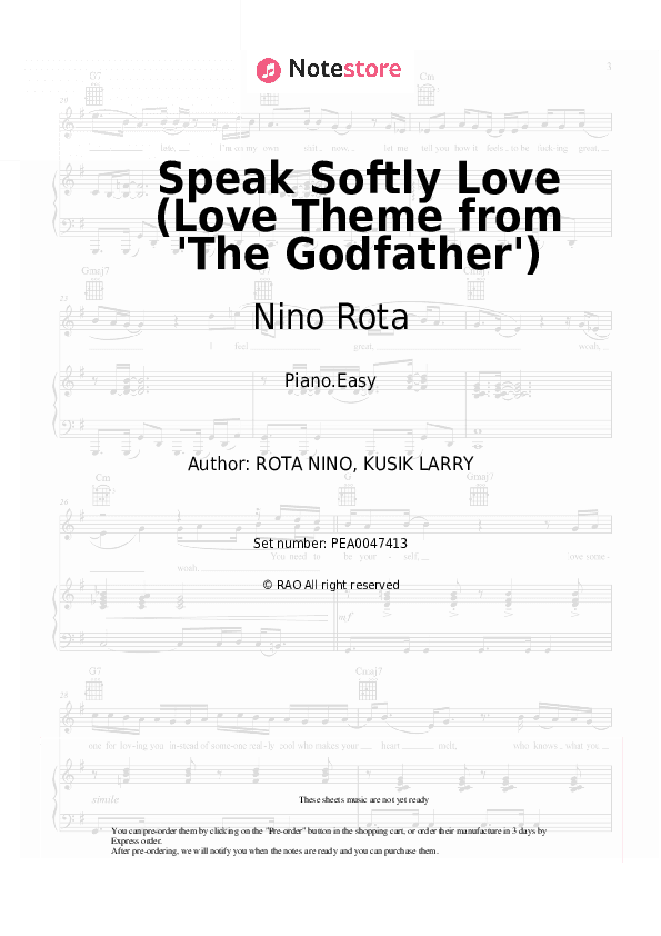 Speak Softly Love (Love Theme from 'The Godfather') - Nino Rota, Andy Williams Piano Sheet Music Easy - Piano.Easy