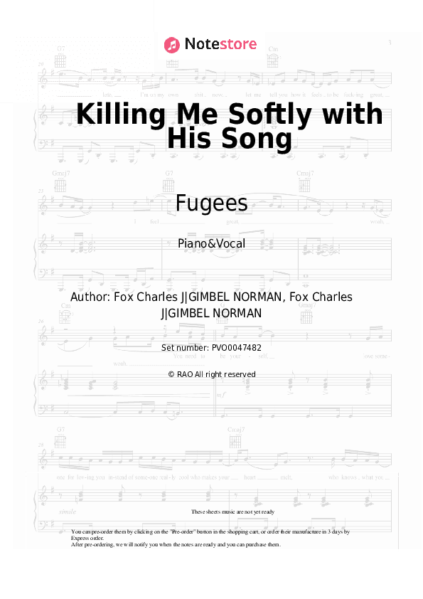 Killing Me Softly with His Song - Fugees Piano Sheet Music with the Voice part - Piano&Vocal