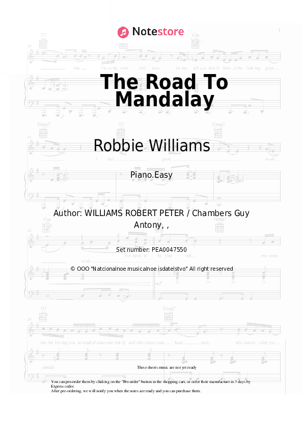 The Road To Mandalay - Robbie Williams Piano Sheet Music Easy - Piano.Easy