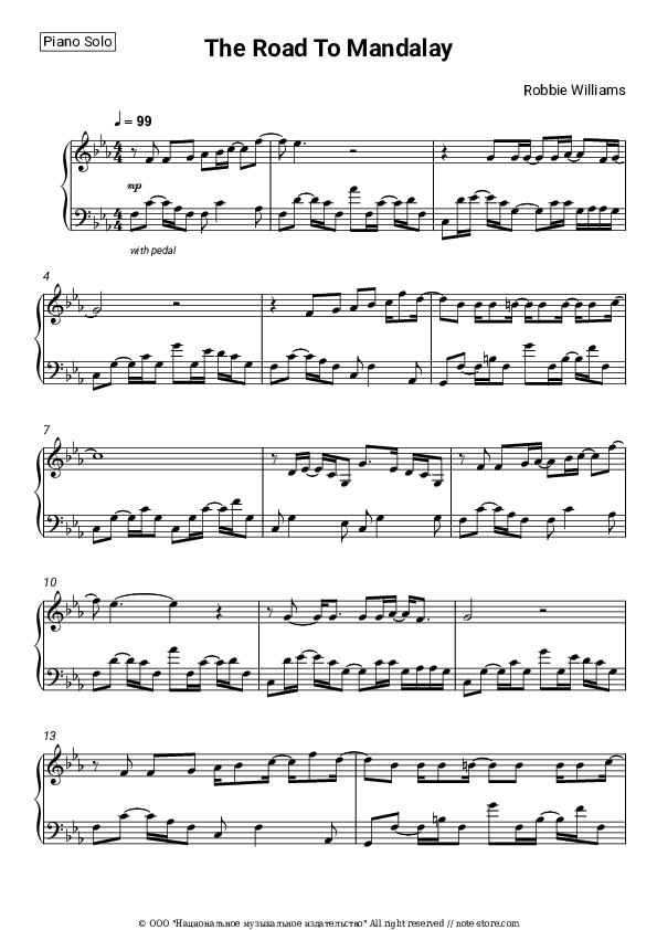 The Road To Mandalay - Robbie Williams Piano Sheet Music - Piano.Solo