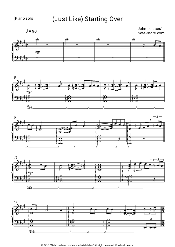 (Just Like) Starting Over - John Lennon Piano Sheet Music - Piano.Solo