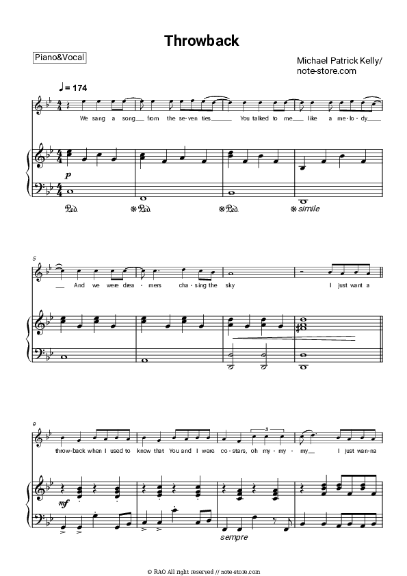 Throwback - Michael Patrick Kelly Piano Sheet Music with the Voice part - Piano&Vocal