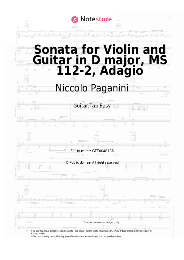 Sonata for Violin and Guitar in D major, MS 112-2, Adagio - Niccolo Paganini Tabs Easy - Guitar.Tab.Easy