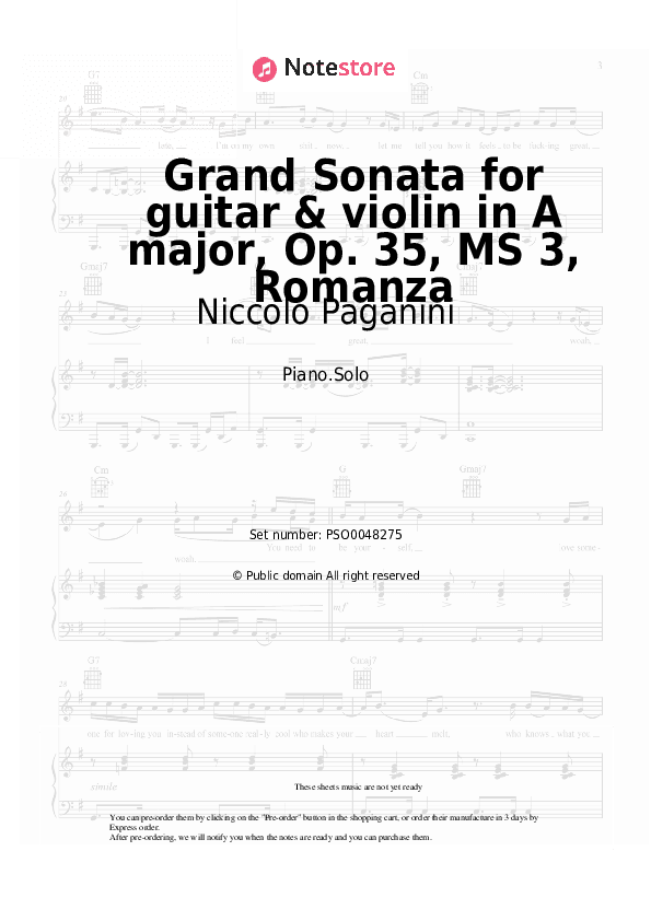Grand Sonata for guitar & violin in A major, Op. 35, MS 3, Romanza - Niccolo Paganini Piano Sheet Music - Piano.Solo