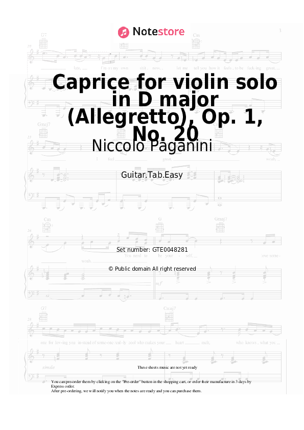 Caprice for violin solo in D major (Allegretto), Op. 1, No. 20 - Niccolo Paganini Tabs Easy - Guitar.Tab.Easy