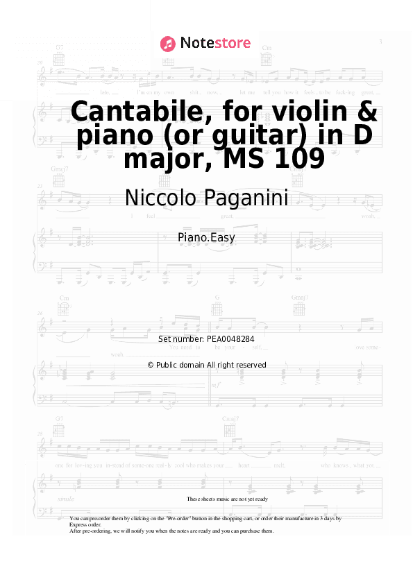 Cantabile, for violin & piano (or guitar) in D major, MS 109 - Niccolo Paganini Piano Sheet Music Easy - Piano.Easy