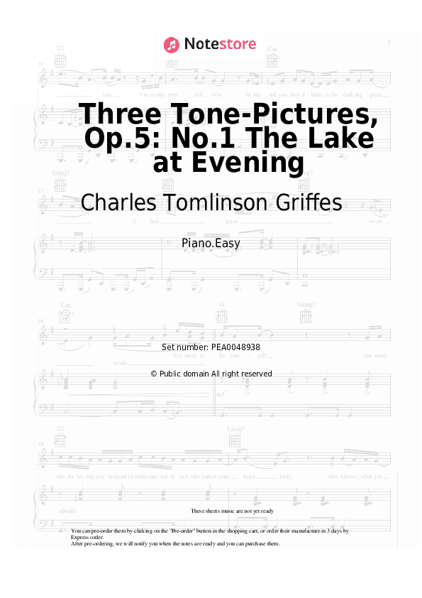 Three Tone-Pictures, Op.5: No.1 The Lake at Evening - Charles Tomlinson Griffes Piano Sheet Music Easy - Piano.Easy