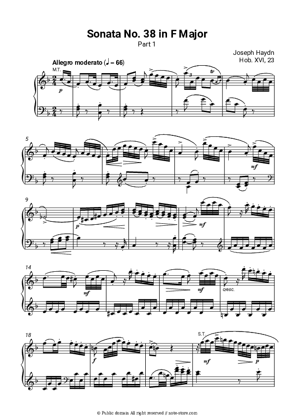 Sonata No. 38 in F Major, Hob. XVI, 23: Part 1 Moderato - Joseph Haydn Piano Sheet Music - Piano.Solo