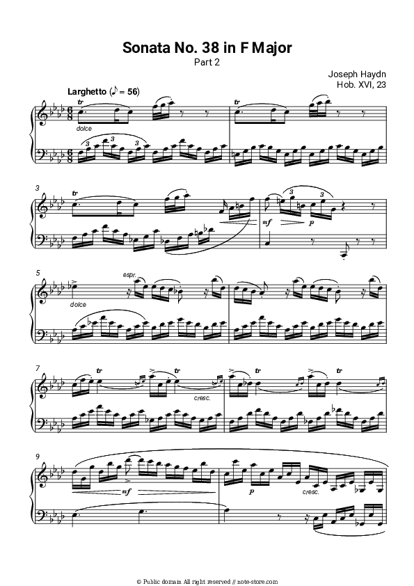 Sonata No. 38 in F Major, Hob. XVI, 23: Part 2 Adagio - Joseph Haydn Piano Sheet Music - Piano.Solo