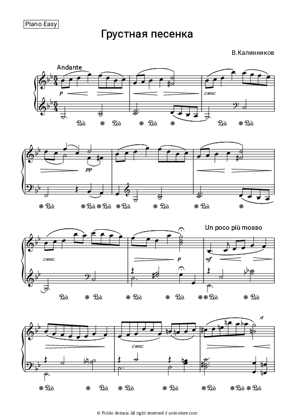 Chanson triste - Vasily Kalinnikov Piano Sheet Music Easy - Piano.Easy