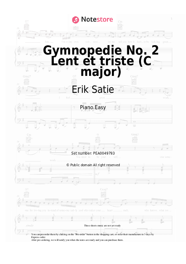 Gymnopedie No.2 Lent et triste (C major) - Erik Satie Piano Sheet Music Easy - Piano.Easy