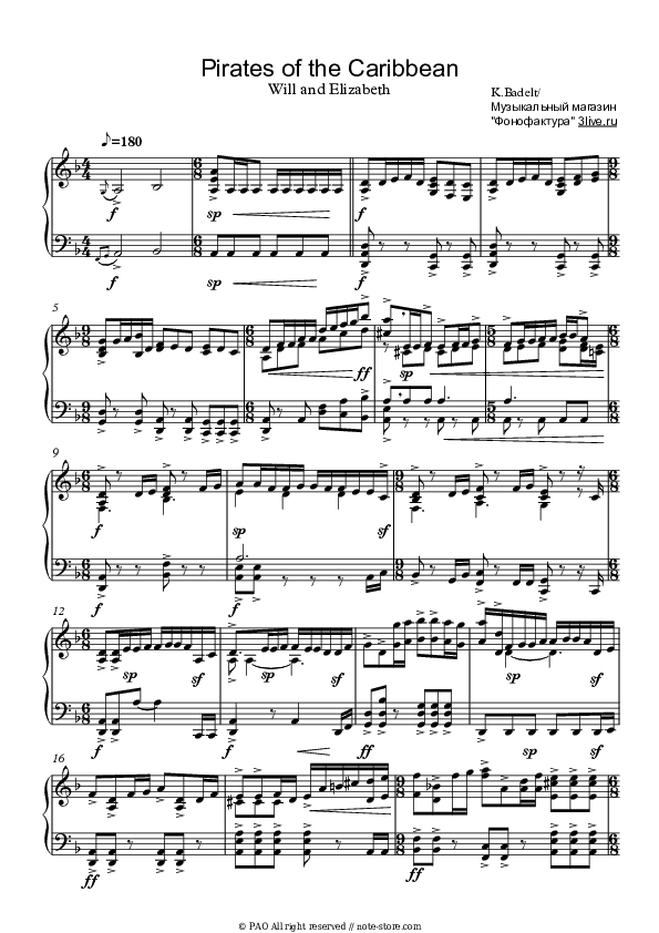 He's A Pirate (from Pirates of the Caribbean) - Klaus Badelt Piano Sheet Music - Piano.Solo