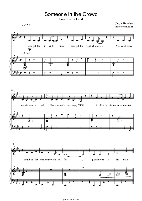 Someone In The Crowd - Emma Stone Piano Sheet Music with the Voice part - Piano&Vocal