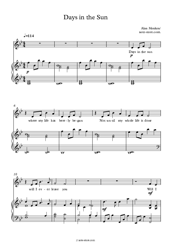 Days In The Sun - Alan Menken Piano Sheet Music with the Voice part - Piano&Vocal