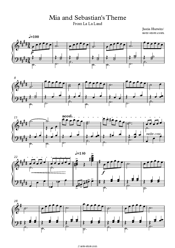 Mia And Sebastian's Theme - Justin Hurwitz Piano Sheet Music Easy - Piano.Easy