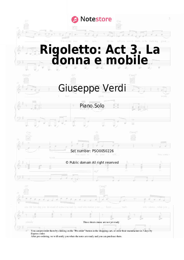 Rigoletto: Act 3. La donna e mobile - Giuseppe Verdi Piano Sheet Music - Piano.Solo