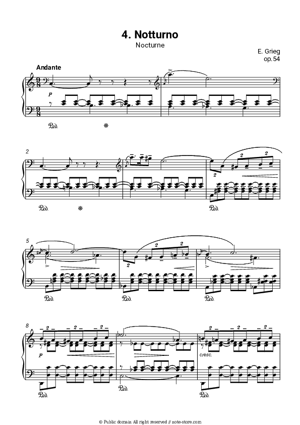 Lyric Pieces, op.54. No. 4 Notturno - Edvard Hagerup Grieg Piano Sheet Music - Piano.Solo