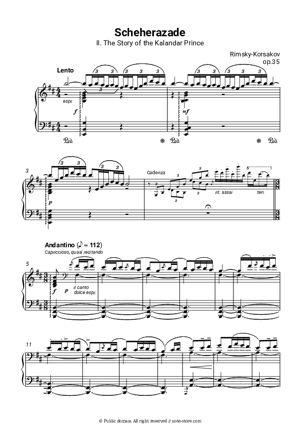Scheherazade, Op. 35: II. The Story of the Kalandar Prince - Rimsky-Korsakov Piano Sheet Music - Piano.Solo
