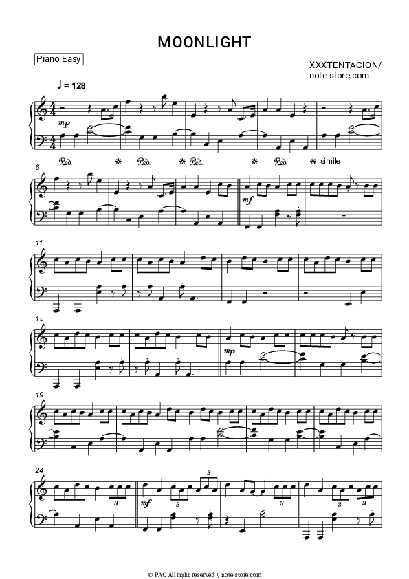 Moonlight - XXXTentacion Piano Sheet Music Easy - Piano.Easy