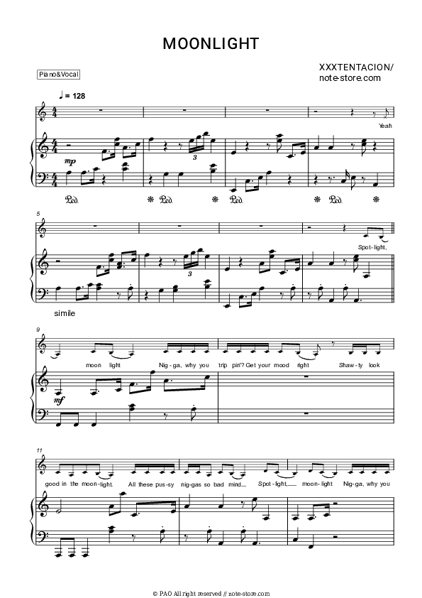 Moonlight - XXXTentacion Piano Sheet Music with the Voice part - Piano&Vocal