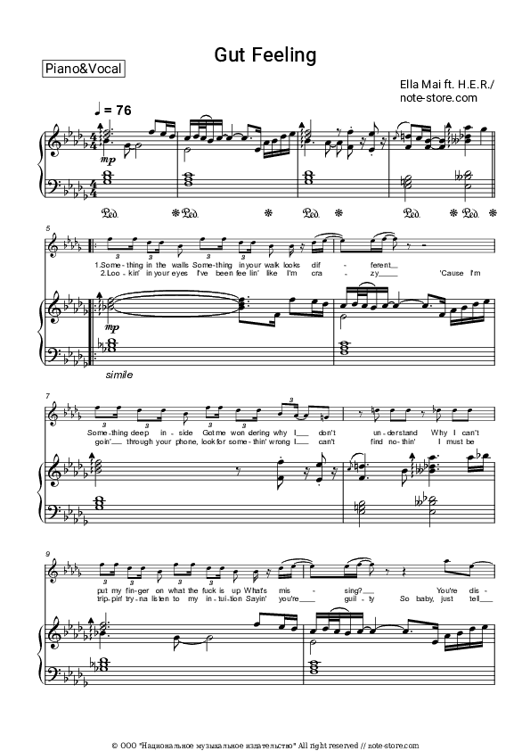 Gut Feeling - Ella Mai, H.E.R. Piano Sheet Music with the Voice part - Piano&Vocal