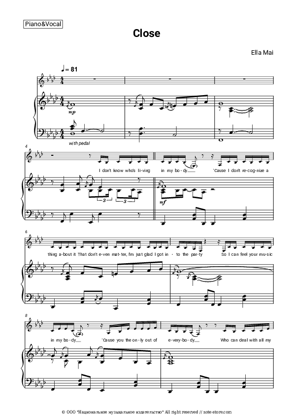 Close - Ella Mai Piano Sheet Music with the Voice part - Piano&Vocal