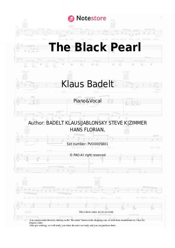 The Black Pearl - Klaus Badelt Piano Sheet Music with the Voice part - Piano&Vocal
