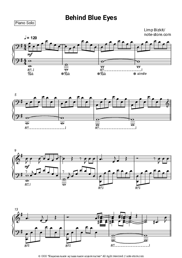 Behind Blue Eyes - Limp Bizkit Piano Sheet Music - Piano.Solo