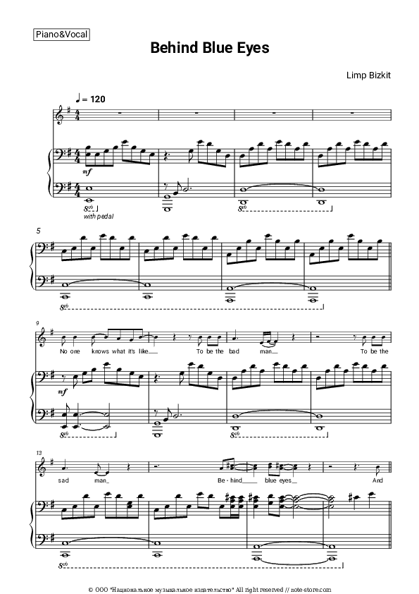 Behind Blue Eyes - Limp Bizkit Piano Sheet Music with the Voice part - Piano&Vocal