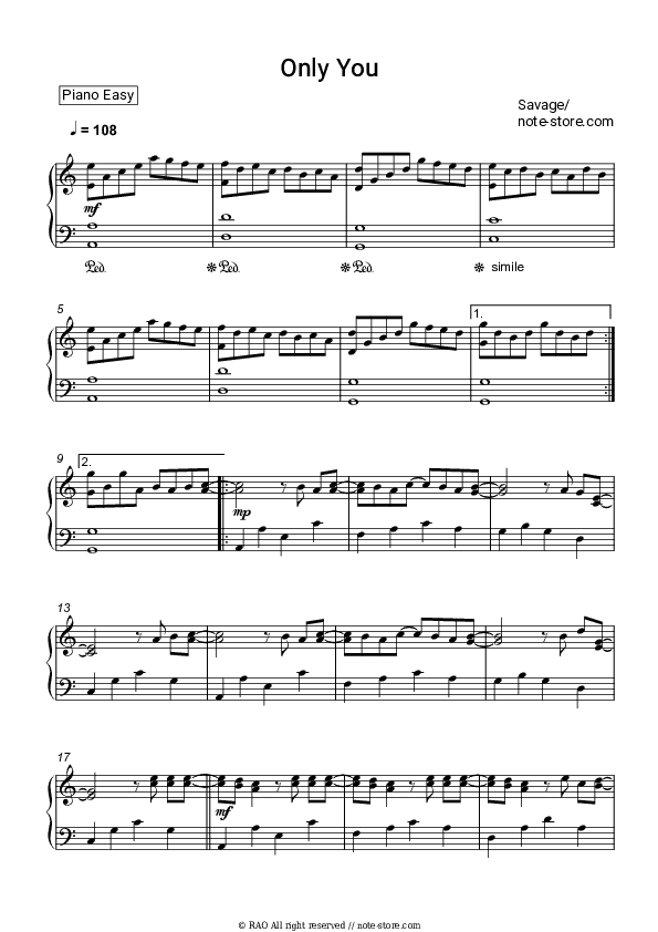 Only You - Savage Piano Sheet Music Easy - Piano.Easy