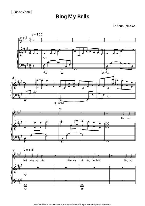 Ring my bells - Enrique Iglesias Piano Sheet Music with the Voice part - Piano&Vocal